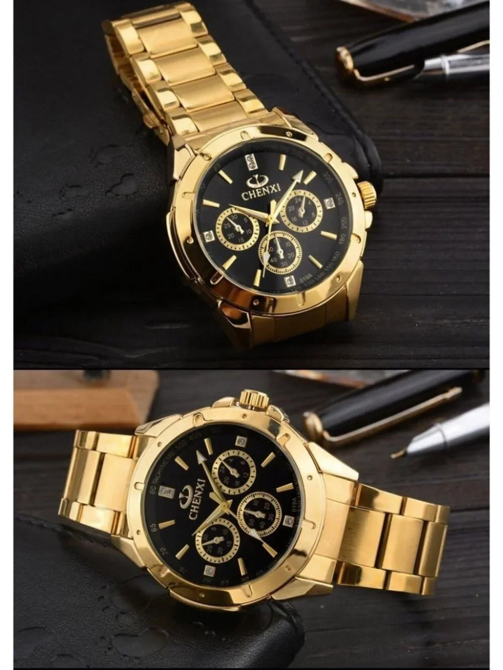 Men's Black Analog Quartz Gold Stainless Steel Crystals Classic Wrist Watch